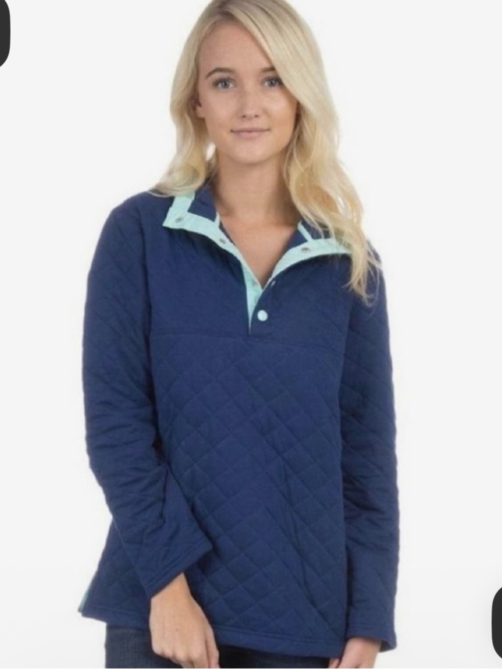 Lauren James Quilted Navy Pullover with Mint Trim